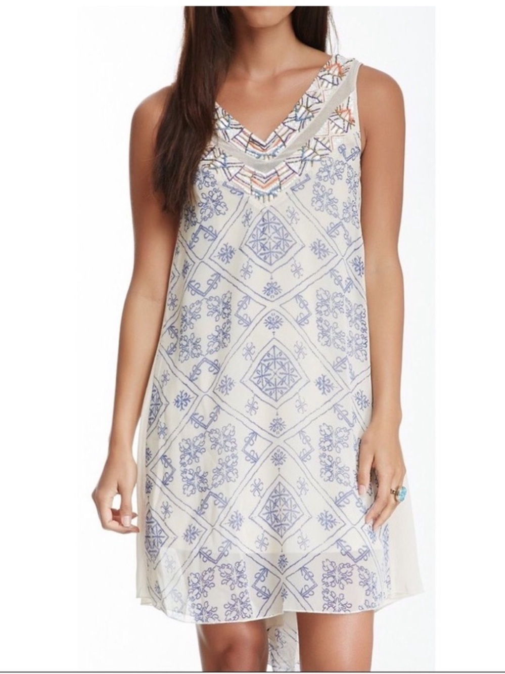 EUC Free People Y2K Beaded Mini Shift Dress Mesh Ivory Blue Tea Combo Small Boho